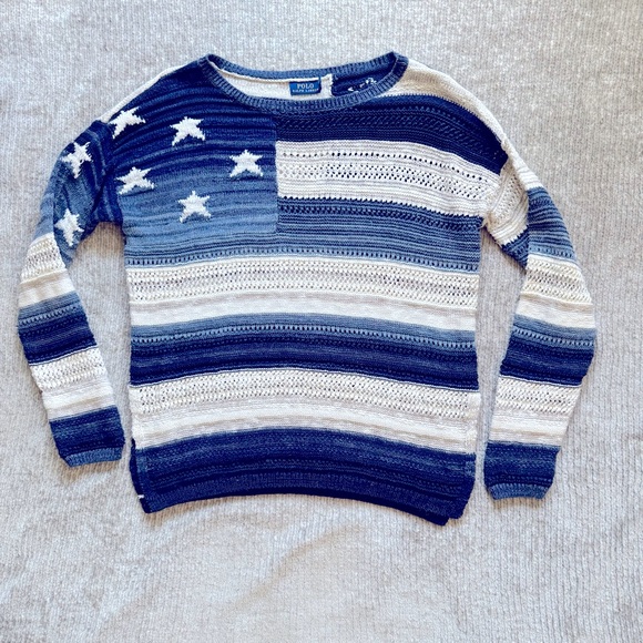 Polo Ralph Lauren Women’s Flag Sweater M Navy Cream Stars Stripes Loose Knit
